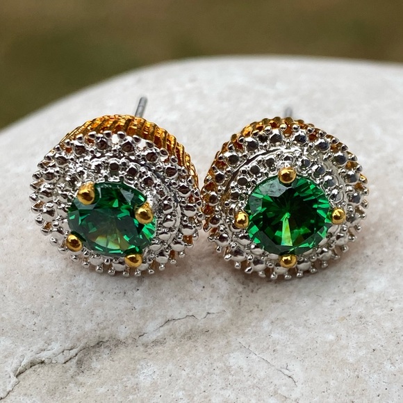 Emerald CZ drop earrings converts to studs or dangle halo gold tone - Picture 4 of 14